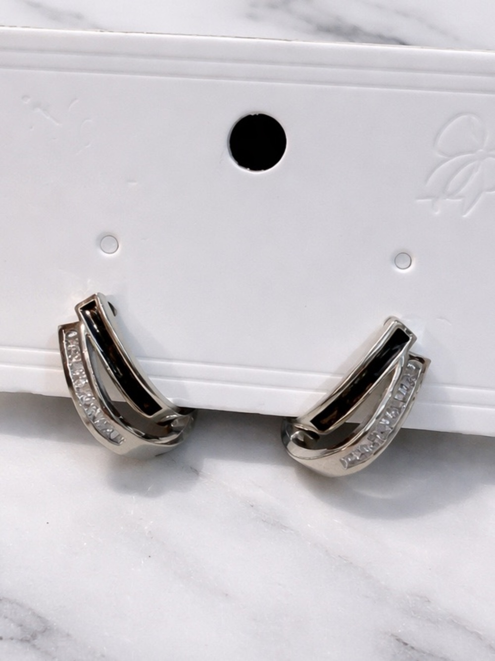 Black & Silver Tone Huggie Hoop Earrings with CZ Stones | Modern Minimal